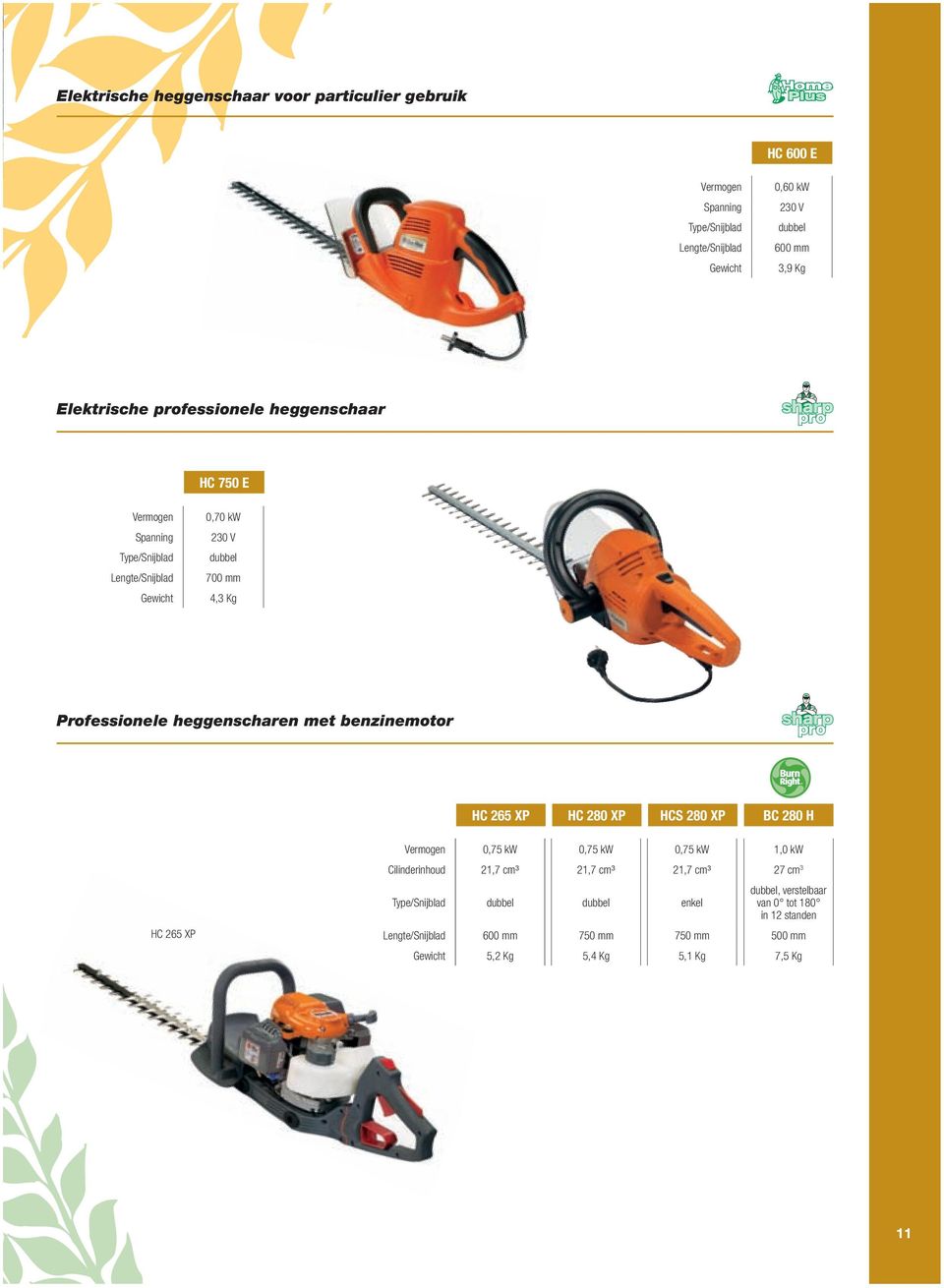 heggenscharen met benzinemotor HC 265 XP HC 280 XP HCS 280 XP BC 280 H Vermogen 0,75 kw 0,75 kw 0,75 kw 1,0 kw HC 265 XP Cilinderinhoud 21,7 cm³ 21,7 cm³ 21,7