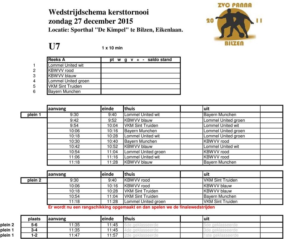 11:06 11:16 wit KBWVV rood 11:18 11:28 KBWVV blauw Bayern Munchen plein 2 9:30 9:40 KBWVV rood VKM Sint Truiden 10:06 10:16 KBWVV rood KBWVV blauw 10:18 10:28 VKM Sint Truiden KBWVV blauw 10:54 11:04