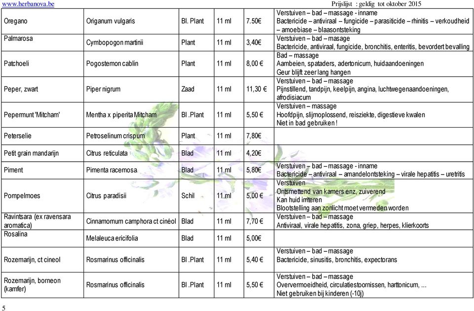 fungicide, bronchitis, enteritis, bevordert bevalling Patchoeli Pogostemon cablin Plant 11 ml 8,00 Aambeien, spataders, adertonicum, huidaandoeningen Geur blijft zeer lang hangen Peper, zwart Piper