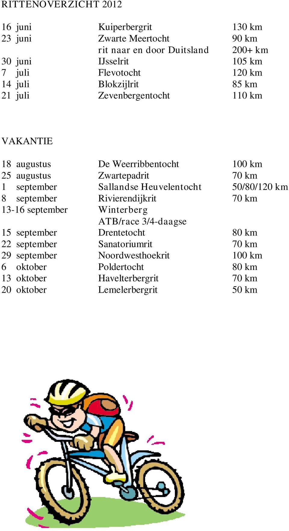 september Sallandse Heuvelentocht 50/80/120 km 8 september Rivierendijkrit 70 km 13-16 september Winterberg ATB/race 3/4-daagse 15 september Drentetocht 80