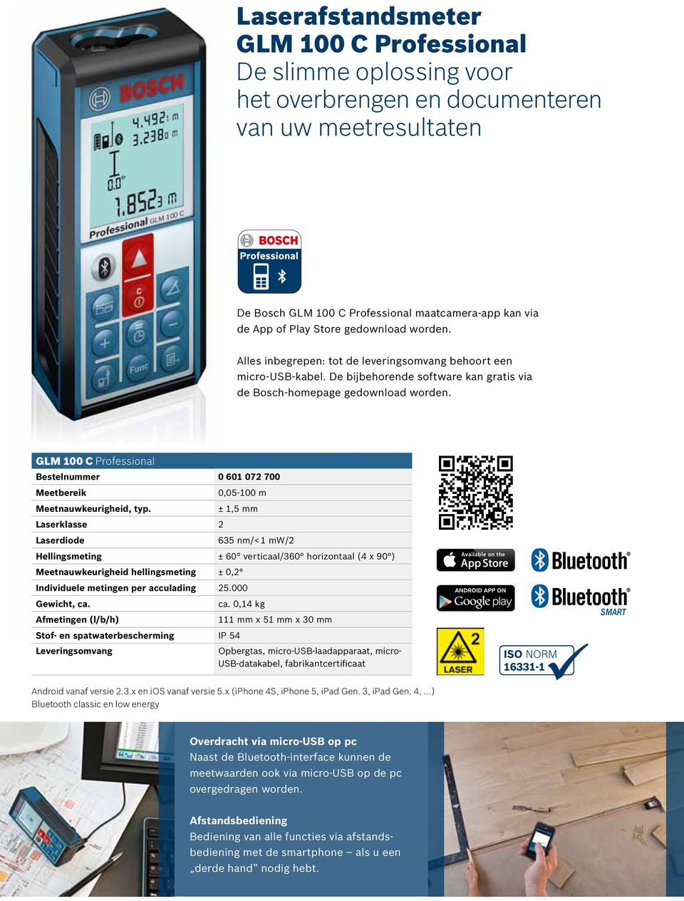 GLM 100 C Professional Bestelnummer 0 601 072 700 Meetbereik Meetnauwkeurigheid, typ.