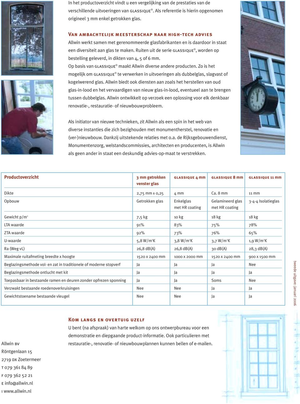 Ruiten uit de serie glassique, worden op bestelling geleverd, in dikten van 4, 5 of 6 mm. Op basis van glassique maakt Allwin diverse andere producten.