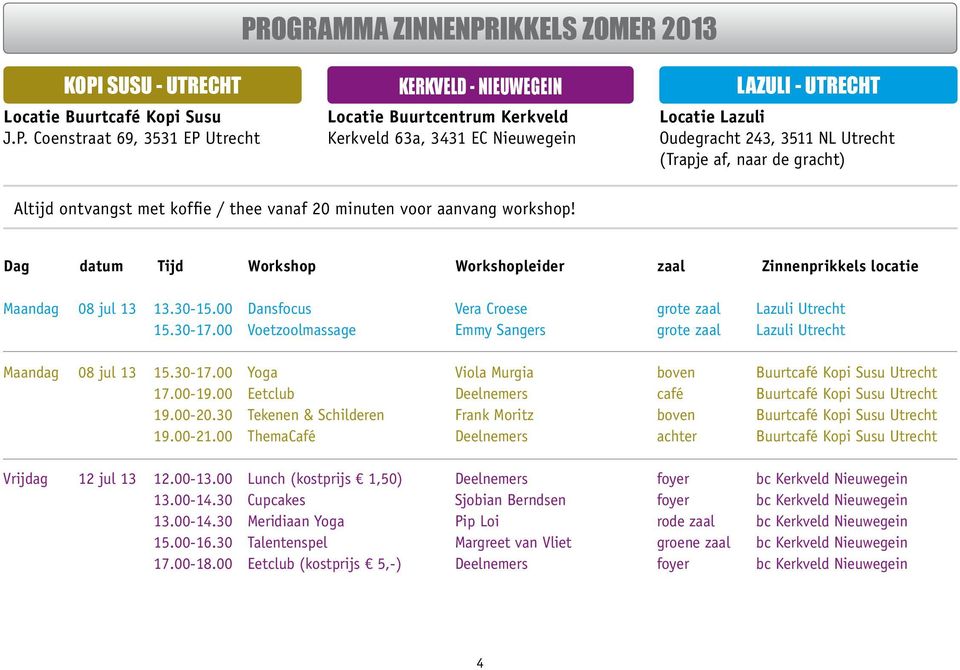 Dag datum Tijd Workshop Workshopleider zaal Zinnenprikkels locatie Maandag 08 jul 13 13.30-15.00 Dansfocus Vera Croese grote zaal Lazuli Utrecht 15.30-17.