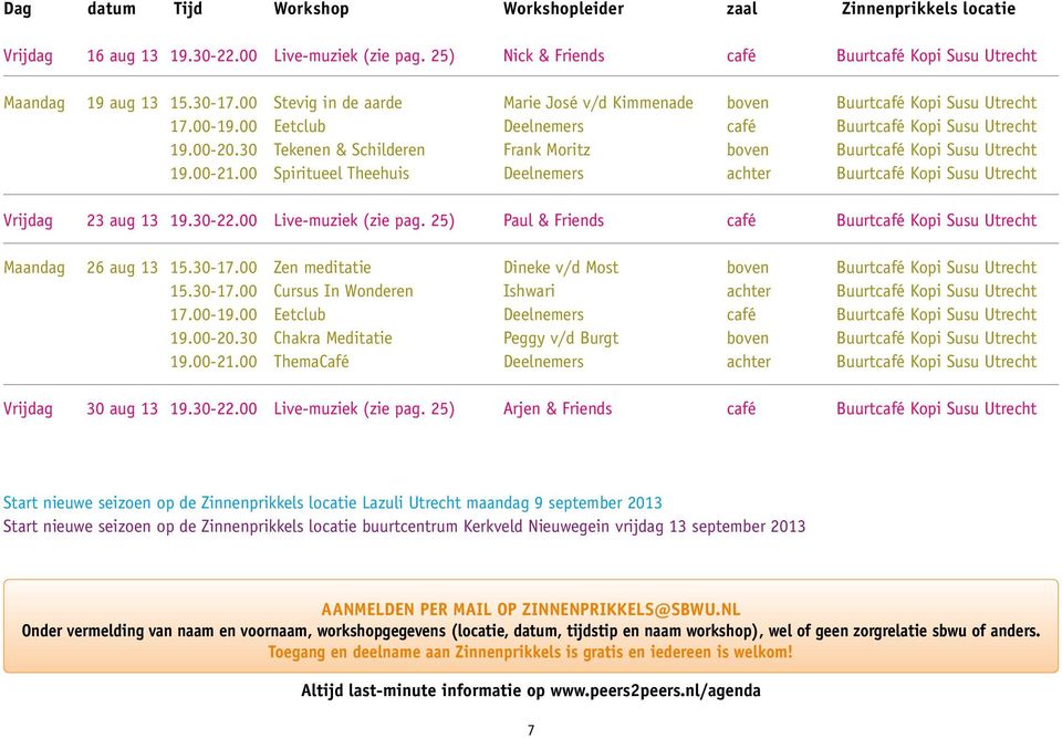 30 Tekenen & Schilderen Frank Moritz boven Buurtcafé Kopi Susu Utrecht 19.00-21.00 Spiritueel Theehuis Deelnemers achter Buurtcafé Kopi Susu Utrecht Vrijdag 23 aug 13 19.30-22.00 Live-muziek (zie pag.