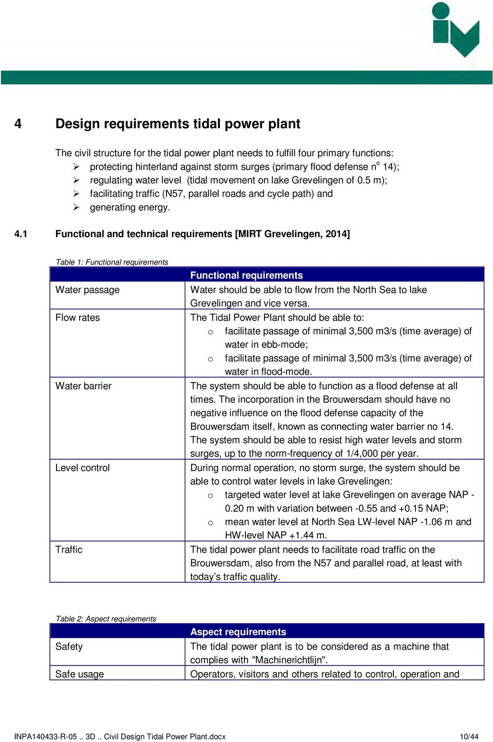 1 Functional and technical requirements [MIRT Grevelingen, 2014] Table 1: Functional requirements Water passage Flow rates Water barrier Level control Traffic Functional requirements Water should be