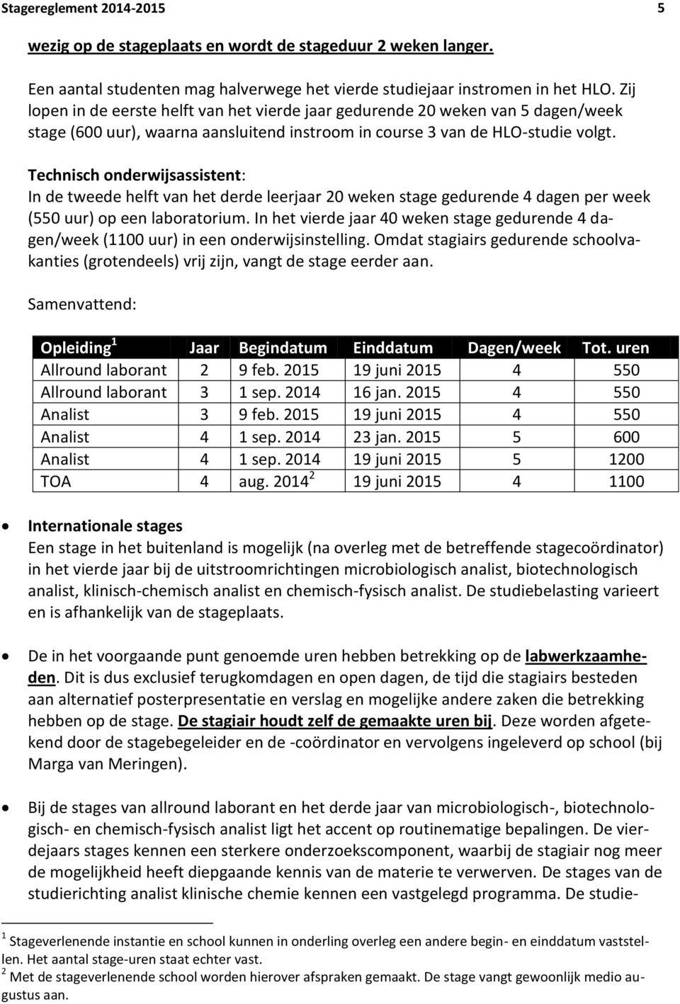 Technisch onderwijsassistent: In de tweede helft van het derde leerjaar 20 weken stage gedurende 4 dagen per week (550 uur) op een laboratorium.