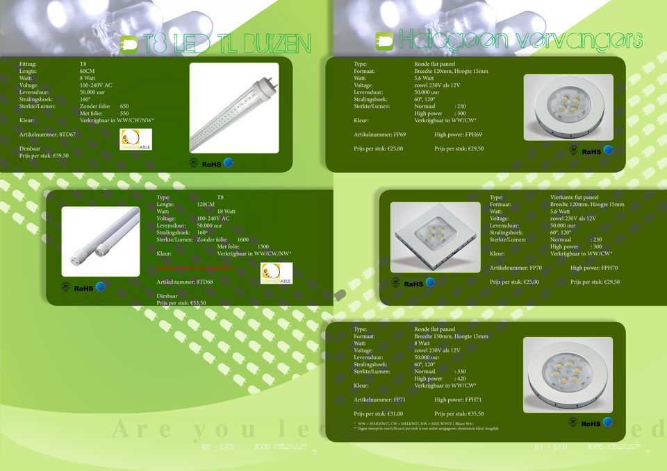 Met folie: 1500 Vierkante flat paneel Formaat: Breedte 120mm, Hoogte 15mm 5,6 Watt zowel 230V als 12V 60, 120 Normaal : 230 High power : 300 Verkrijgbaar in WW/CW* Perfecte TL buis voor kantoren!