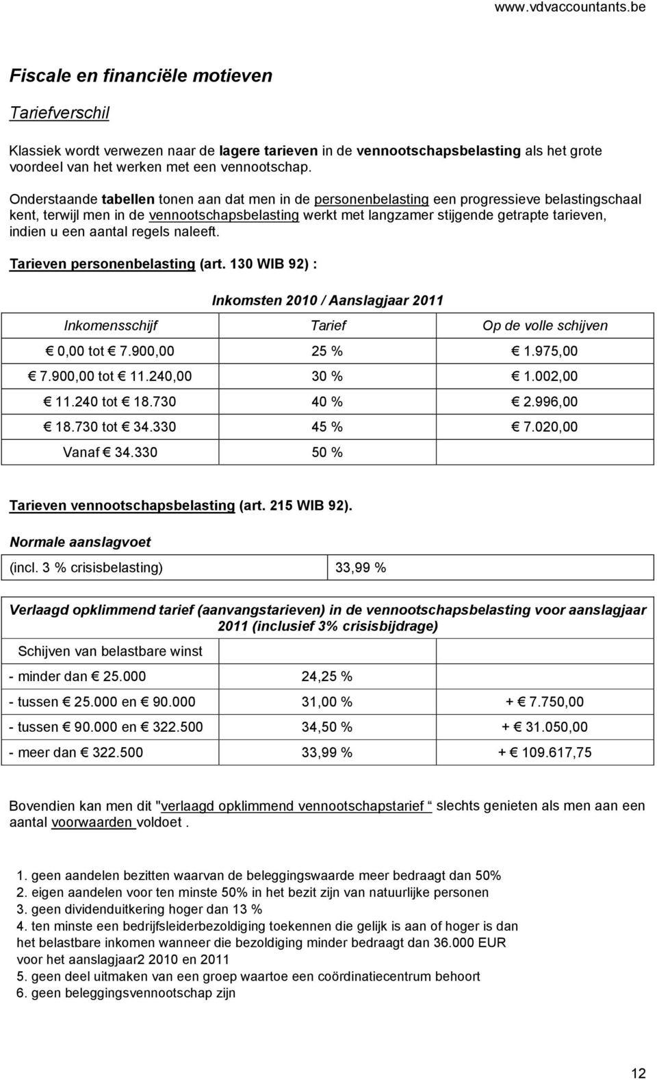 u een aantal regels naleeft. Tarieven personenbelasting (art. 130 WIB 92) : Inkomsten 2010 / Aanslagjaar 2011 Inkomensschijf Tarief Op de volle schijven 0,00 tot 7.900,00 25 % 1.975,00 7.