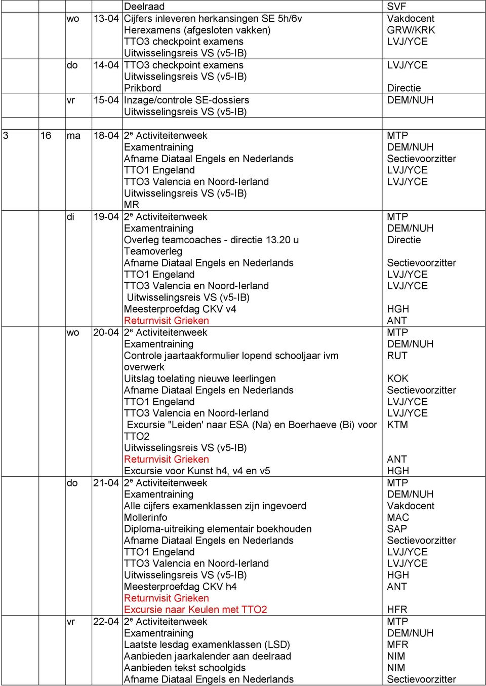 Nederlands TTO1 Engeland TTO3 Valencia en Noord-Ierland Meesterproefdag CKV v4 Returnvisit Grieken wo 20-04 2 e Activiteitenweek Examentraining Controle jaartaakformulier lopend schooljaar ivm