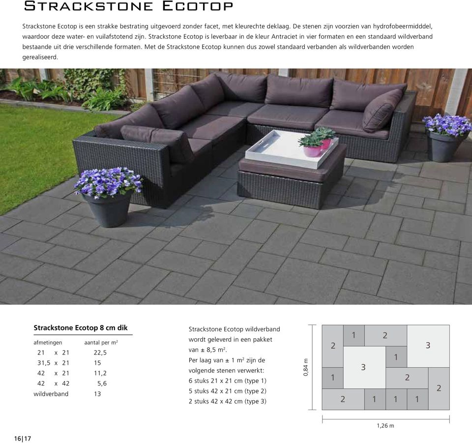 Strackstone Ecotop is leverbaar in de kleur Antraciet in vier formaten en een standaard wildverband bestaande uit drie verschillende formaten.