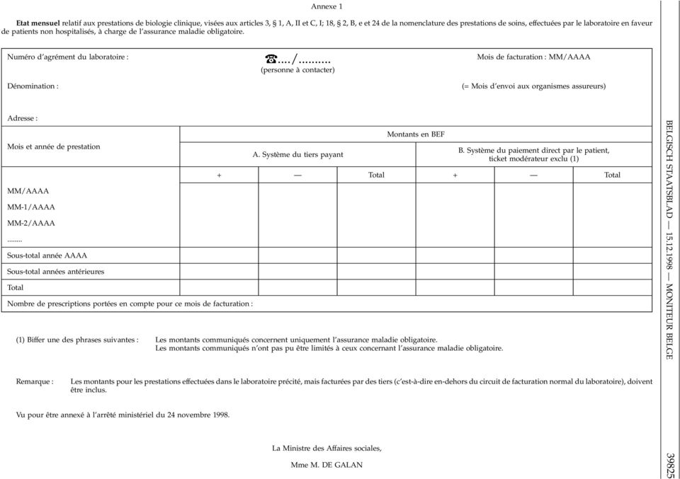 .. (personne à contacter) Dénomination : Mois de facturation : MM/AAAA (= Mois d envoi aux organismes assureurs) Adresse : Mois et année de prestation MM/AAAA MM-1/AAAA MM-2/AAAA.