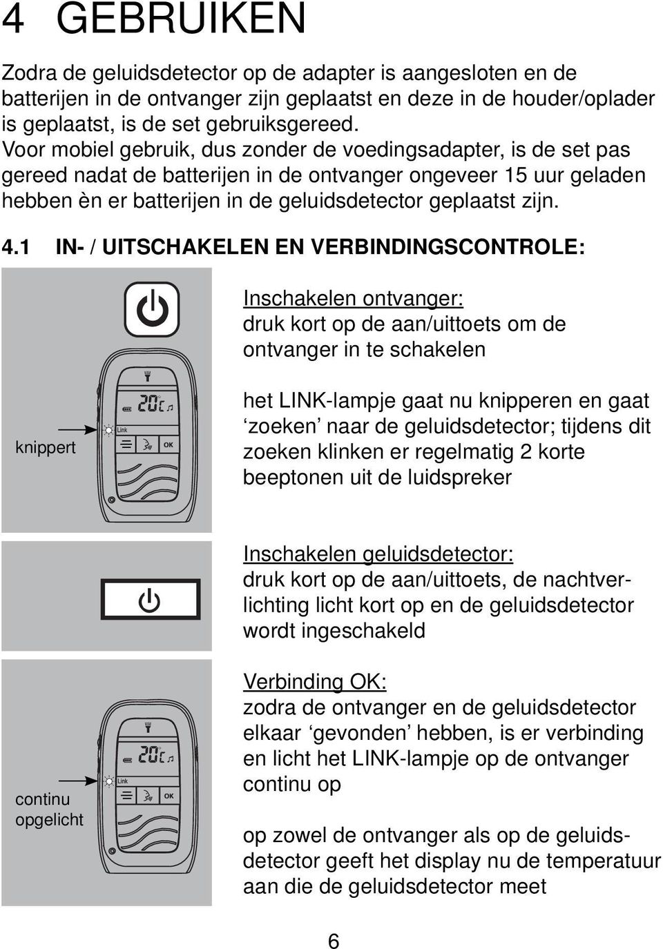 1 IN- / UITSCHAKELEN EN VERBINDINGSCONTROLE: Inschakelen ontvanger: druk kort op de aan/uittoets om de ontvanger in te schakelen knippert het LINK-lampje gaat nu knipperen en gaat zoeken naar de