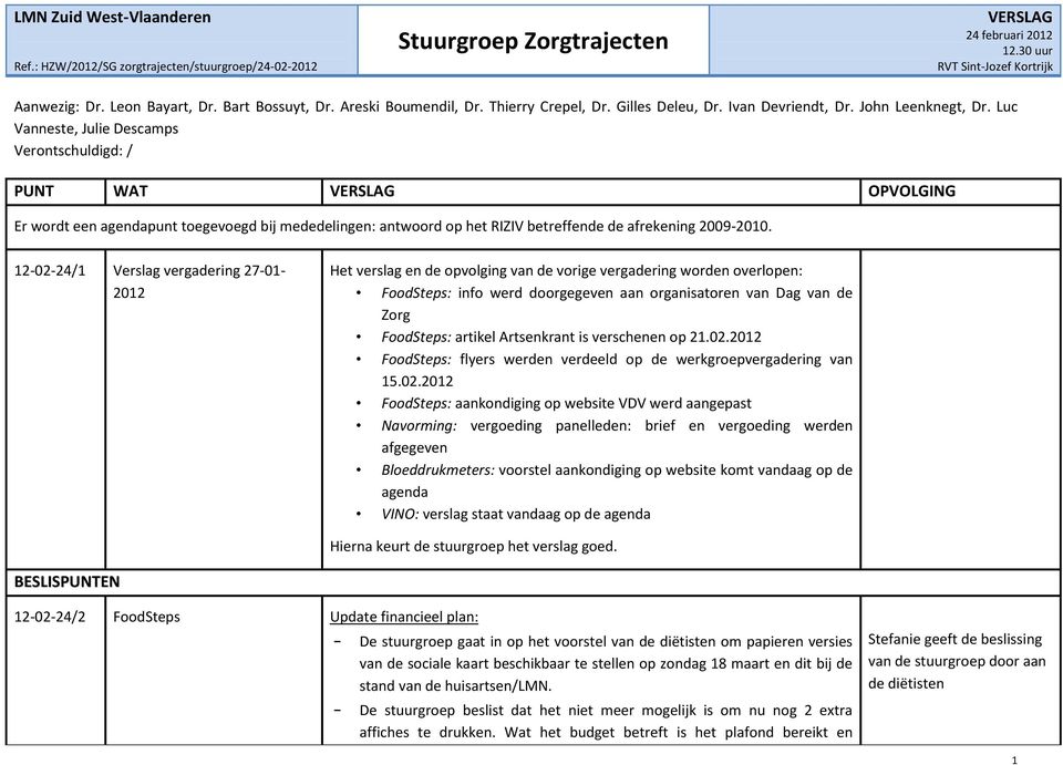 12-02-24/1 Verslag vergadering 27-01- 2012 Het verslag en de opvolging van de vorige vergadering worden overlopen: FoodSteps: info werd doorgegeven aan organisatoren van Dag van de Zorg FoodSteps: