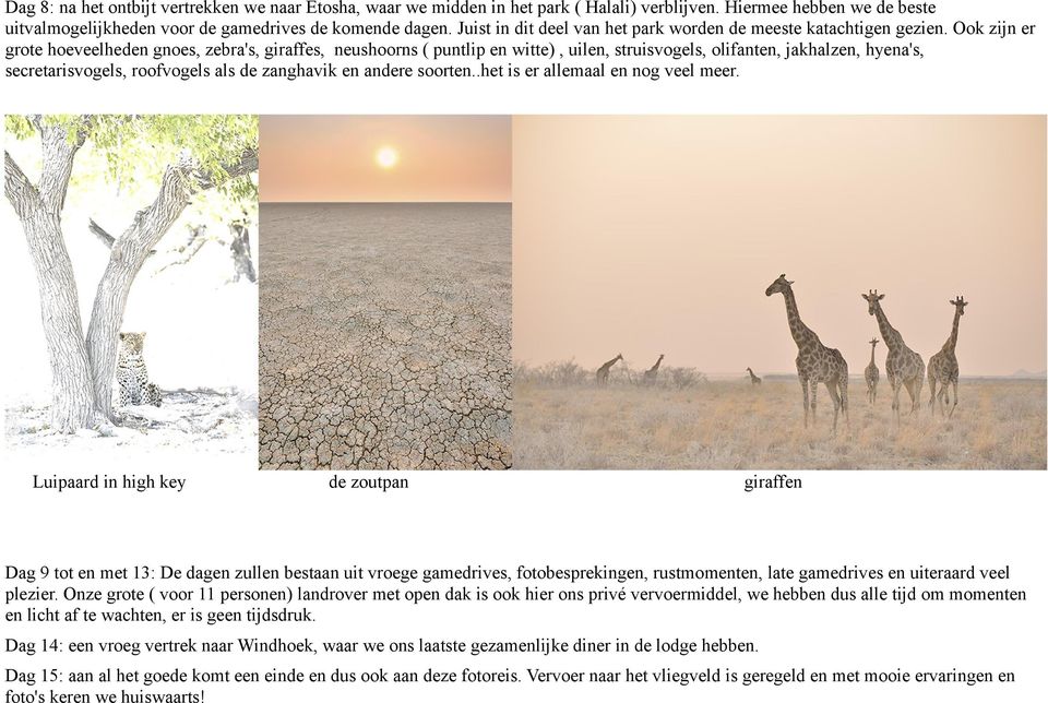 Ook zijn er grote hoeveelheden gnoes, zebra's, giraffes, neushoorns ( puntlip en witte), uilen, struisvogels, olifanten, jakhalzen, hyena's, secretarisvogels, roofvogels als de zanghavik en andere