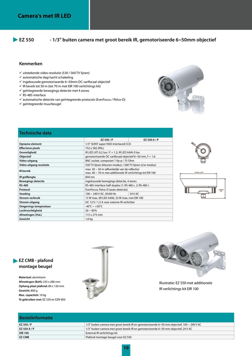 geïntegreerde protocols (EverFocus / Pelco-D) geïntegreerde muurbeugel EZ 550 / P EZ 550 A / P Opname element 1/3" SONY super HAD interlaced CCD Effectieve pixels 752 x 582 (PAL) Gevoeligheid IR LED