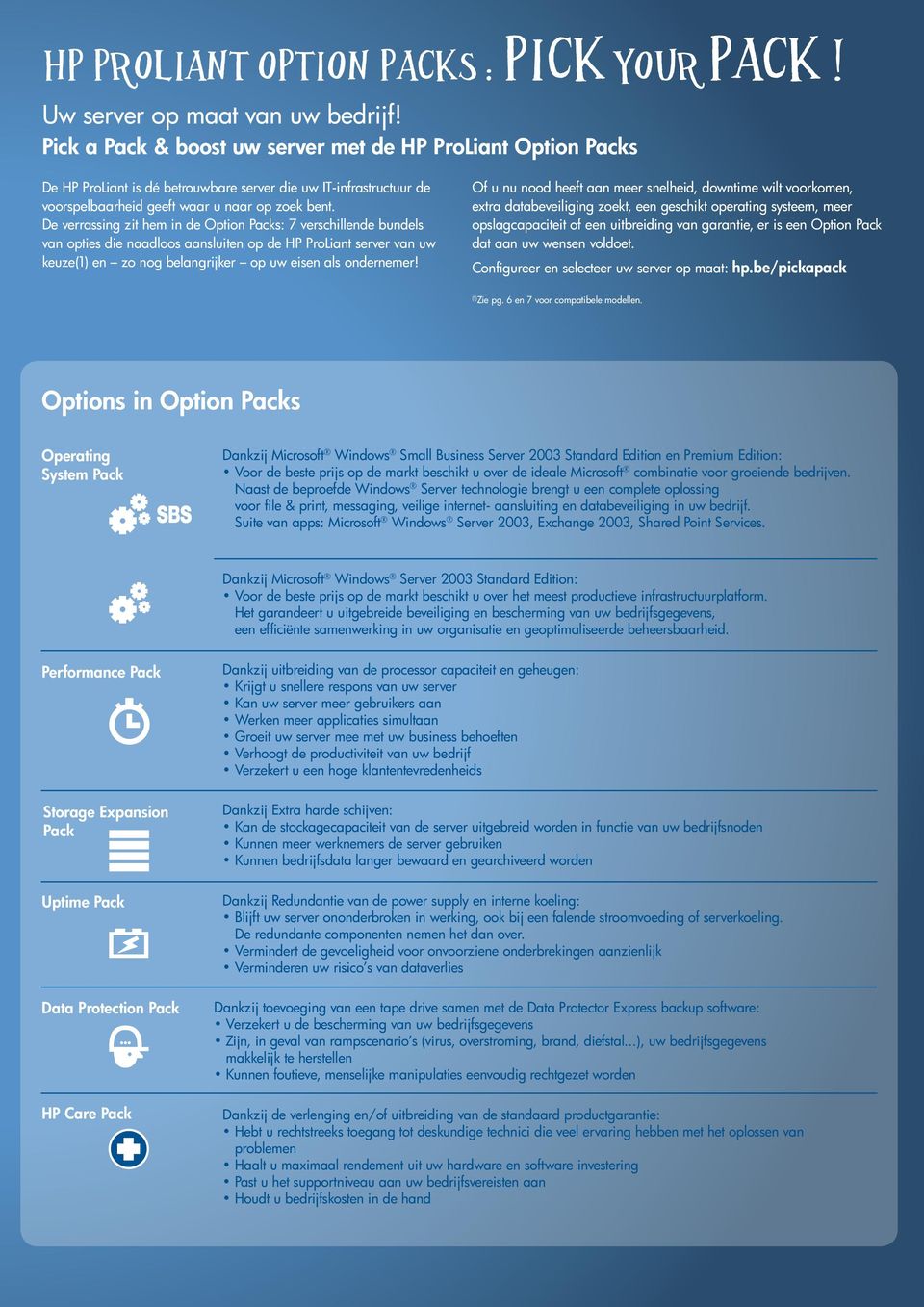 De verrassing zit hem in de Option Packs: 7 verschillende bundels van opties die naadloos aansluiten op de HP ProLiant server van uw keuze(1) en zo nog belangrijker op uw eisen als ondernemer!