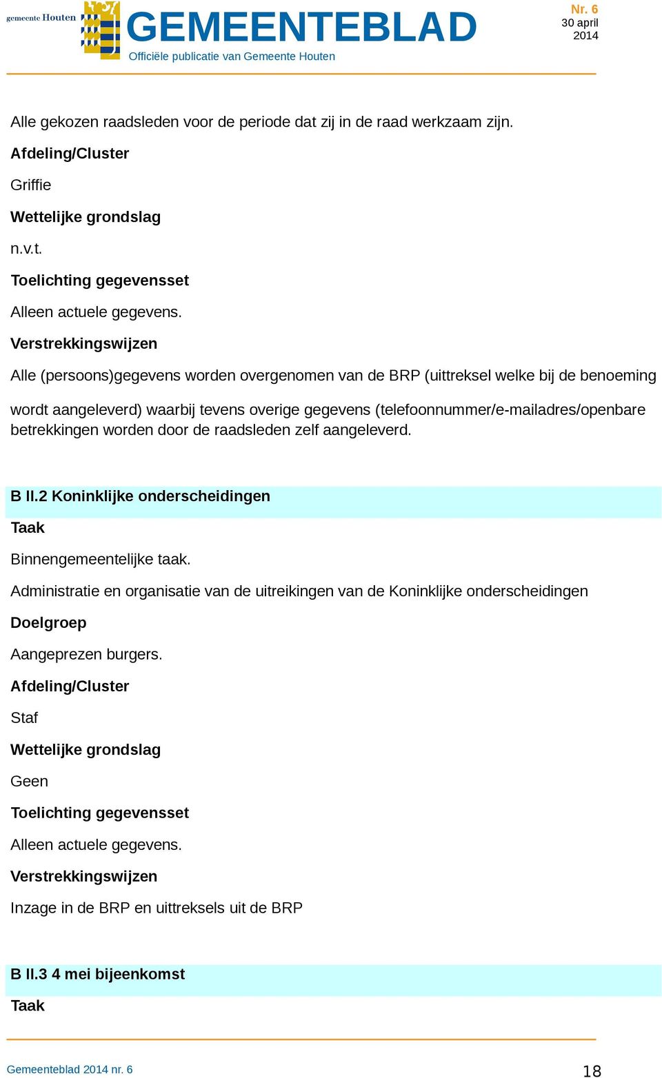 betrekkingen worden door de raadsleden zelf aangeleverd. B II.2 Koninklijke onderscheidingen Taak Binnengemeentelijke taak.