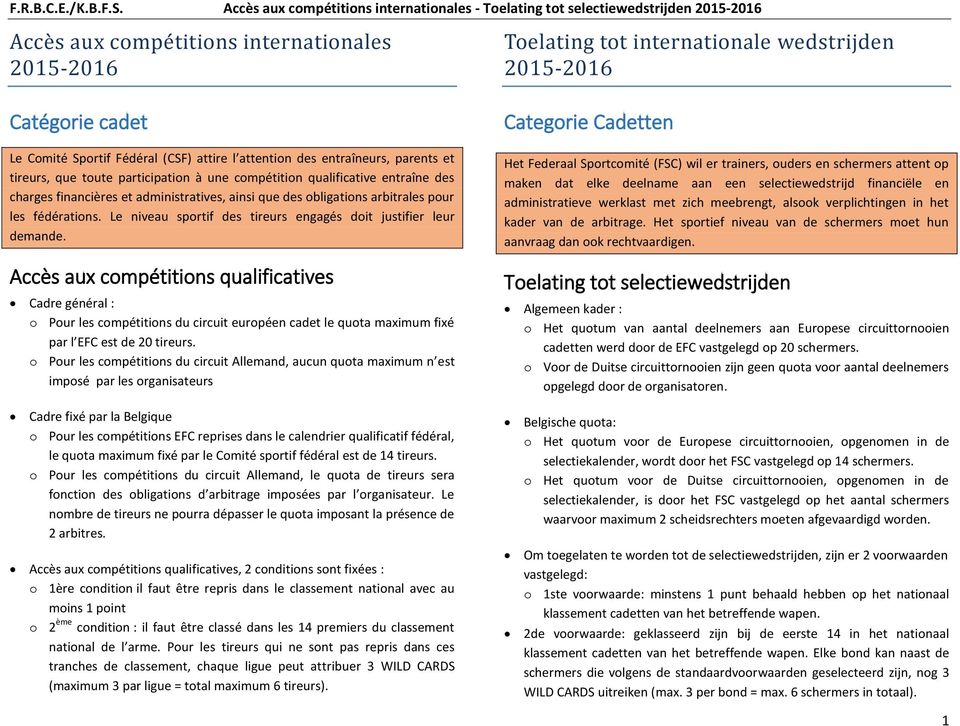 Accès aux compétitions qualificatives Cadre général : o Pour les compétitions du circuit européen cadet le quota maximum fixé par l EFC est de 20 tireurs.