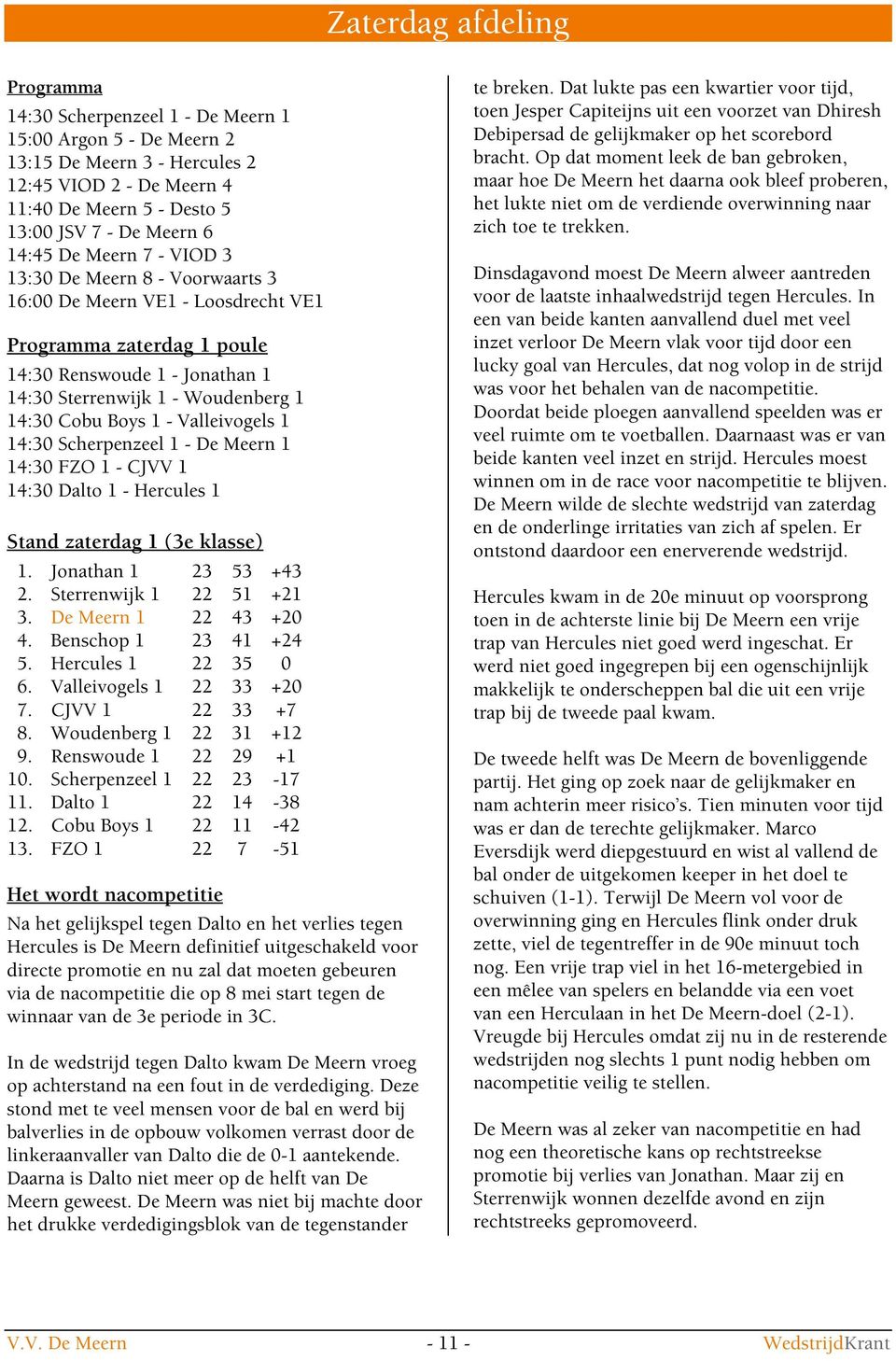 Boys 1 - Valleivogels 1 14:30 Scherpenzeel 1 - De Meern 1 14:30 FZO 1 - CJVV 1 14:30 Dalto 1 - Hercules 1 Stand zaterdag 1 (3e klasse) 1. Jonathan 1 23 53 +43 2. Sterrenwijk 1 22 51 +21 3.