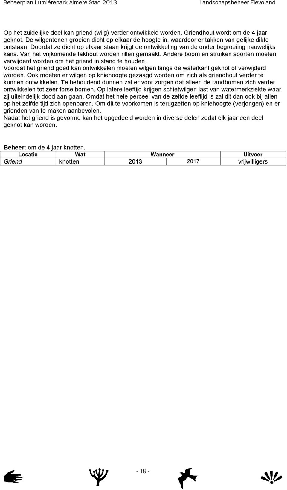 Van het vrijkomende takhout worden rillen gemaakt. Andere boom en struiken soorten moeten verwijderd worden om het griend in stand te houden.