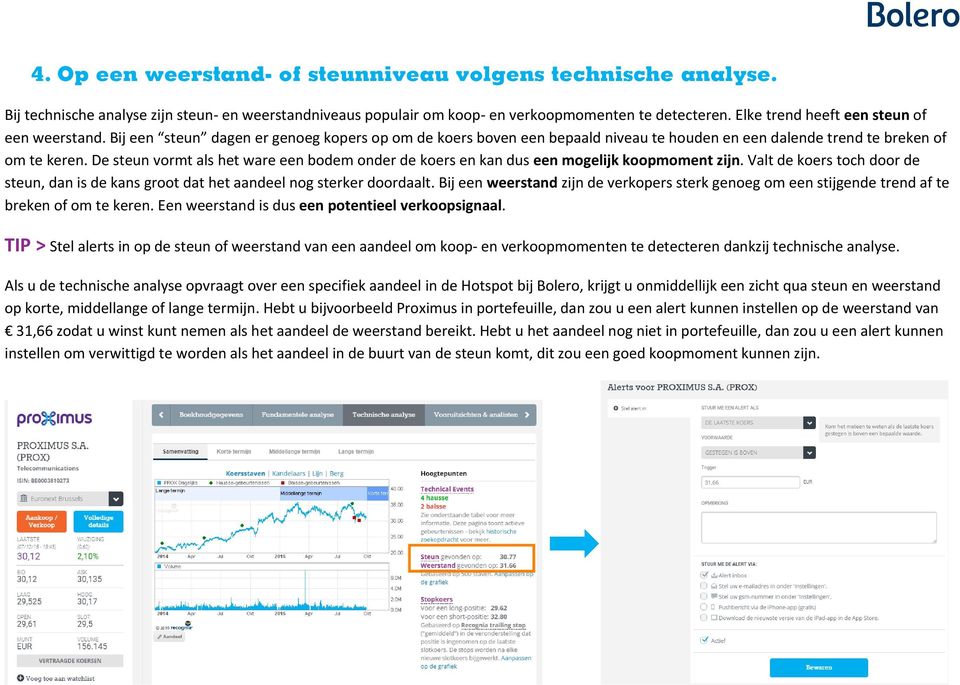 De steun vormt als het ware een bodem onder de koers en kan dus een mogelijk koopmoment zijn. Valt de koers toch door de steun, dan is de kans groot dat het aandeel nog sterker doordaalt.