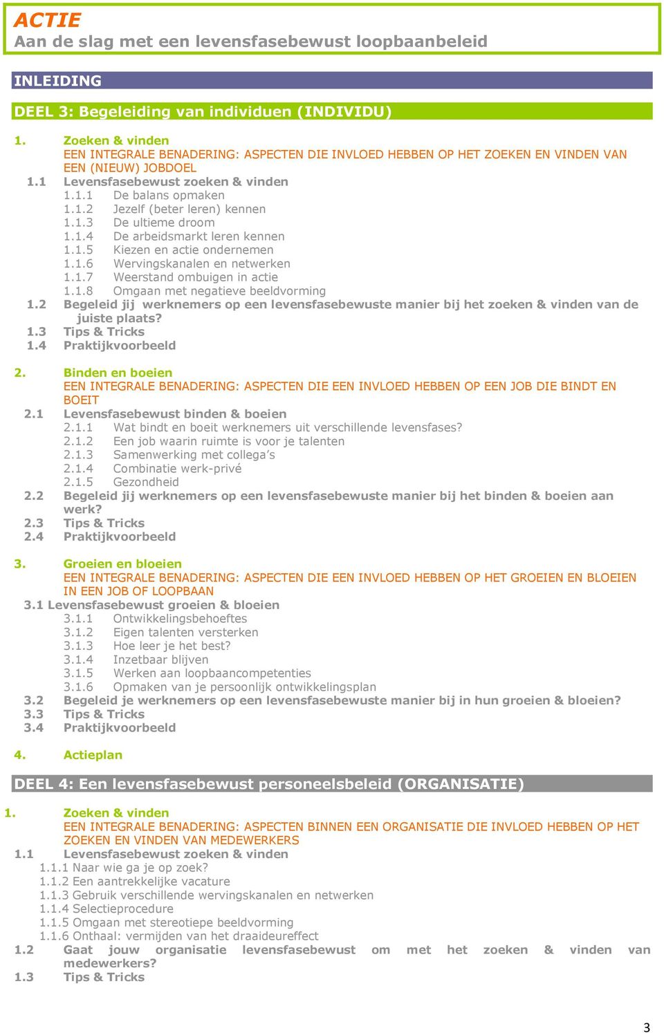 1.3 De ultieme droom 1.1.4 De arbeidsmarkt leren kennen 1.1.5 Kiezen en actie ondernemen 1.1.6 Wervingskanalen en netwerken 1.1.7 Weerstand ombuigen in actie 1.1.8 Omgaan met negatieve beeldvorming 1.