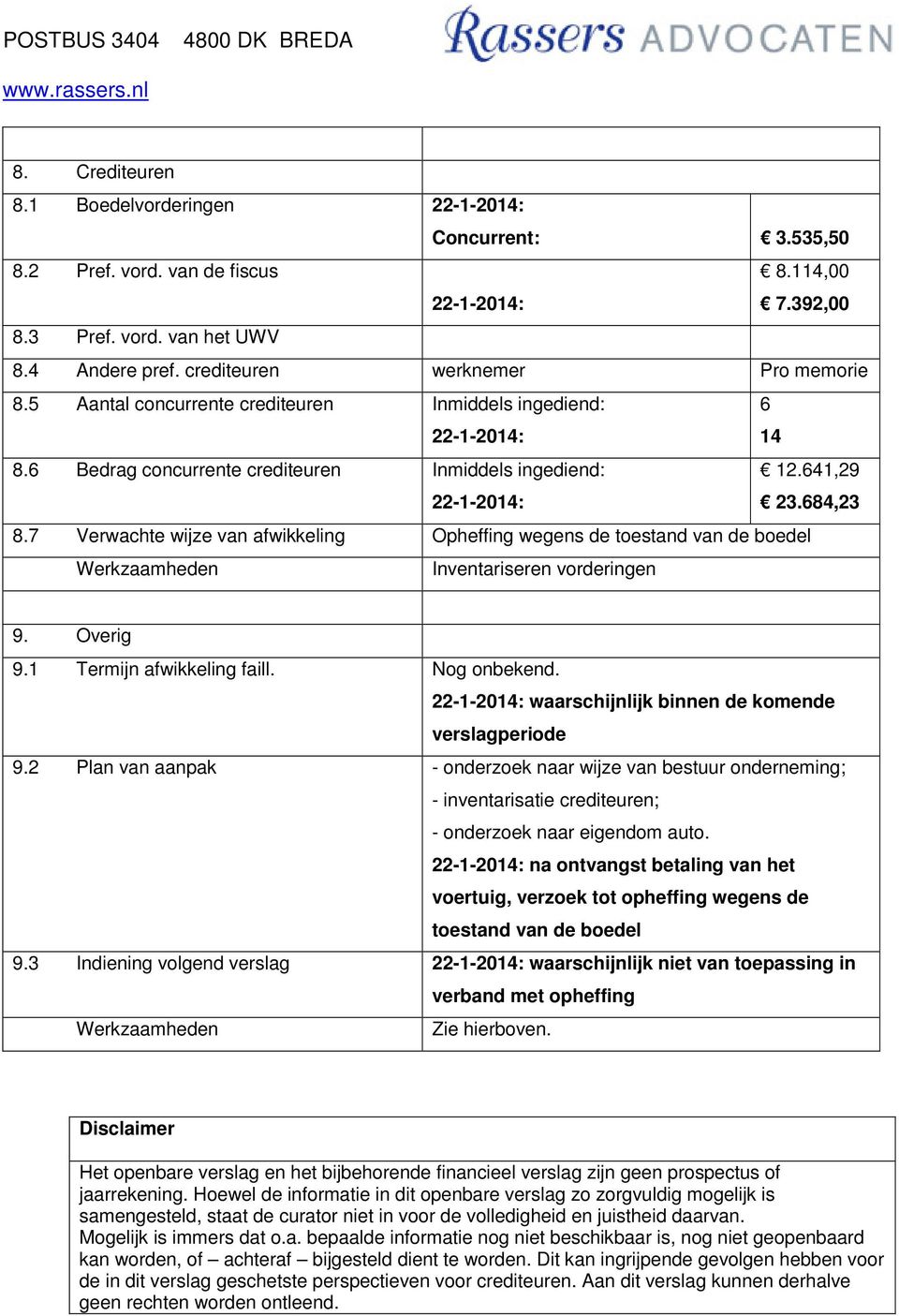 7 Verwachte wijze van afwikkeling Opheffing wegens de toestand van de boedel Inventariseren vorderingen 9. Overig 9.1 Termijn afwikkeling faill. Nog onbekend.