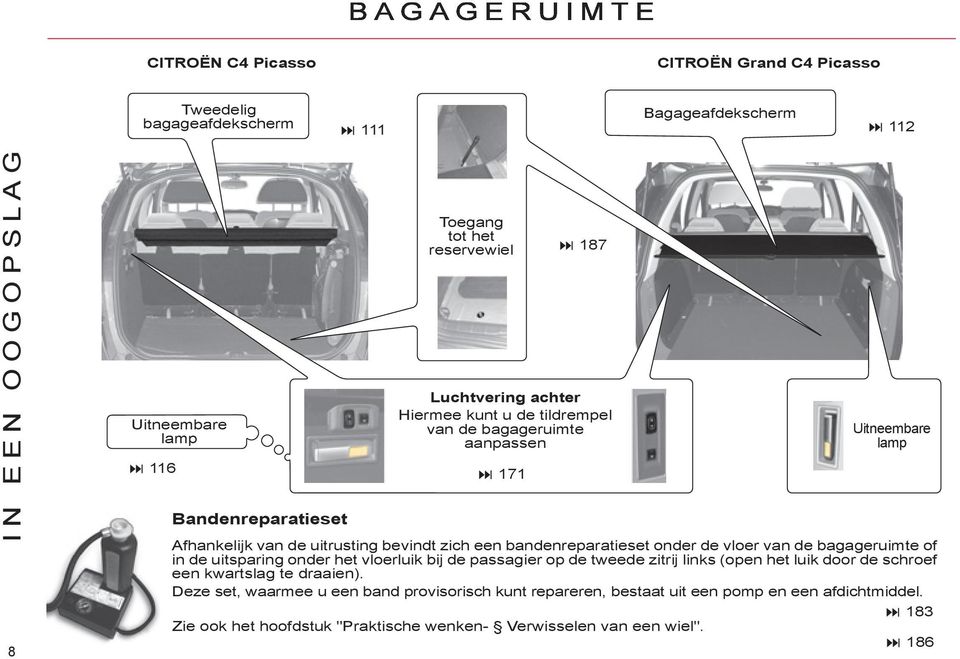 de vloer van de bagageruimte of in de uitsparing onder het vloerluik bij de passagier op de tweede zitrij links (open het luik door de schroef een kwartslag te draaien).