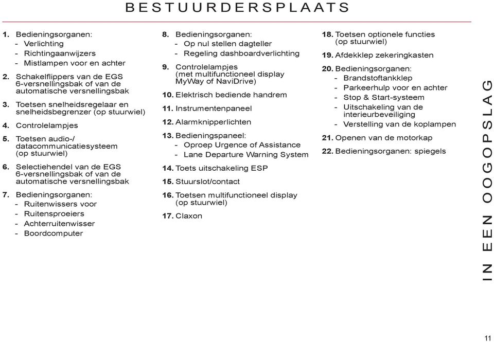 Selectiehendel van de EGS 6-versnellingsbak of van de automatische versnellingsbak 7. Bedieningsorganen: - Ruitenwissers voor - Ruitensproeiers - Achterruitenwisser - Boordcomputer 8.