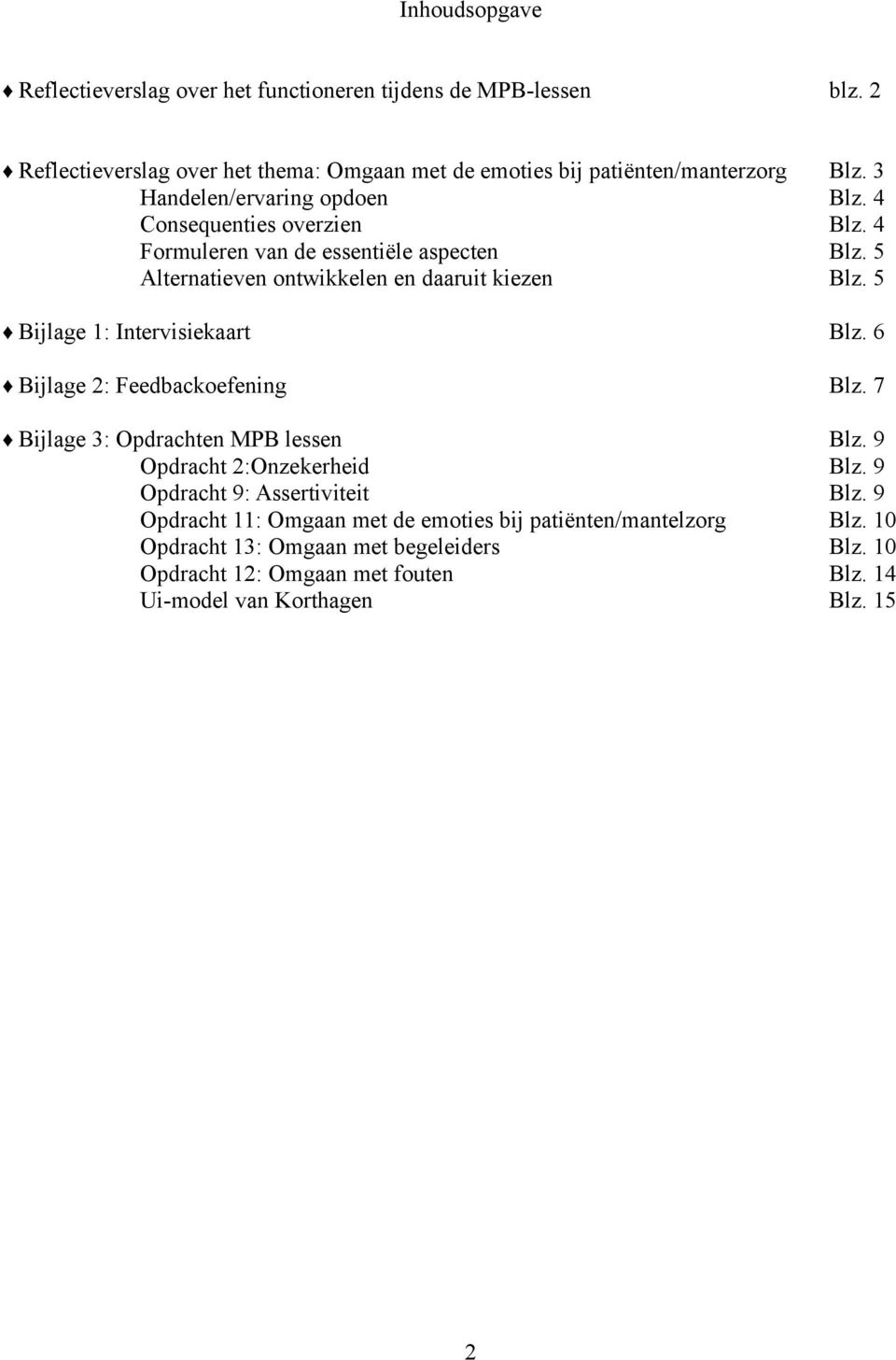 5 Bijlage 1: Intervisiekaart Blz. 6 Bijlage 2: Feedbackoefening Blz. 7 Bijlage 3: Opdrachten MPB lessen Blz. 9 Opdracht 2:Onzekerheid Blz. 9 Opdracht 9: Assertiviteit Blz.