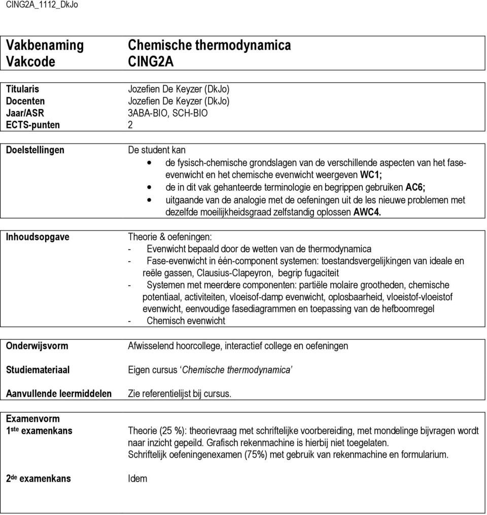 in dit vak gehanteerde terminologie en begrippen gebruiken AC6; uitgaande van de analogie met de oefeningen uit de les nieuwe problemen met dezelfde moeilijkheidsgraad zelfstandig oplossen AWC4.