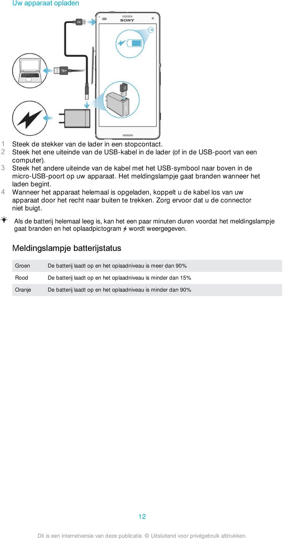 4 Wanneer het apparaat helemaal is opgeladen, koppelt u de kabel los van uw apparaat door het recht naar buiten te trekken. Zorg ervoor dat u de connector niet buigt.