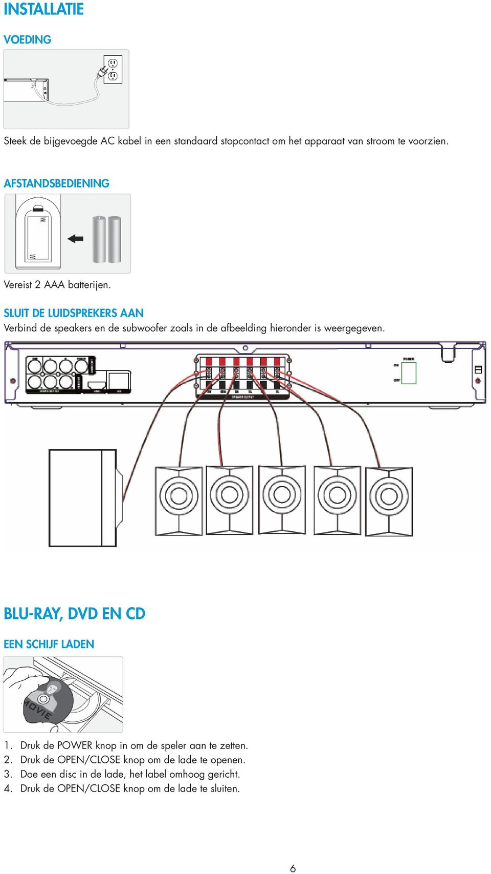 Sluit de luidsprekers aan Verbind de speakers en de subwoofer zoals in de afbeelding hieronder is weergegeven.