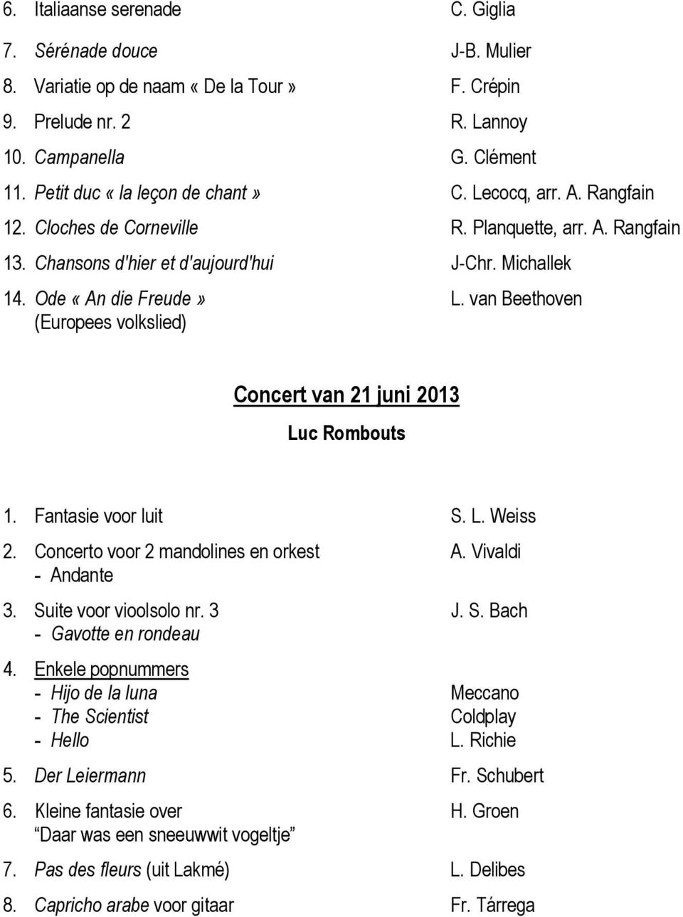 van Beethoven (Europees volkslied) Concert van 21 juni 2013 Luc Rombouts 1. Fantasie voor luit S. L. Weiss 2. Concerto voor 2 mandolines en orkest A. Vivaldi - Andante 3. Suite voor vioolsolo nr. 3 J.