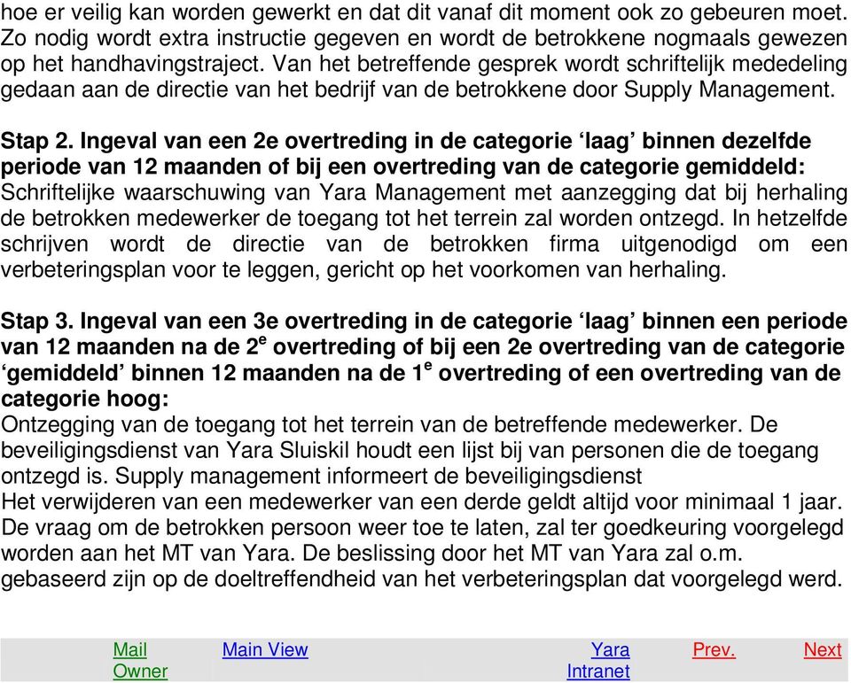 Ingeval van een 2e overtreding in de categorie laag binnen dezelfde periode van 12 maanden of bij een overtreding van de categorie gemiddeld: Schriftelijke waarschuwing van Yara Management met