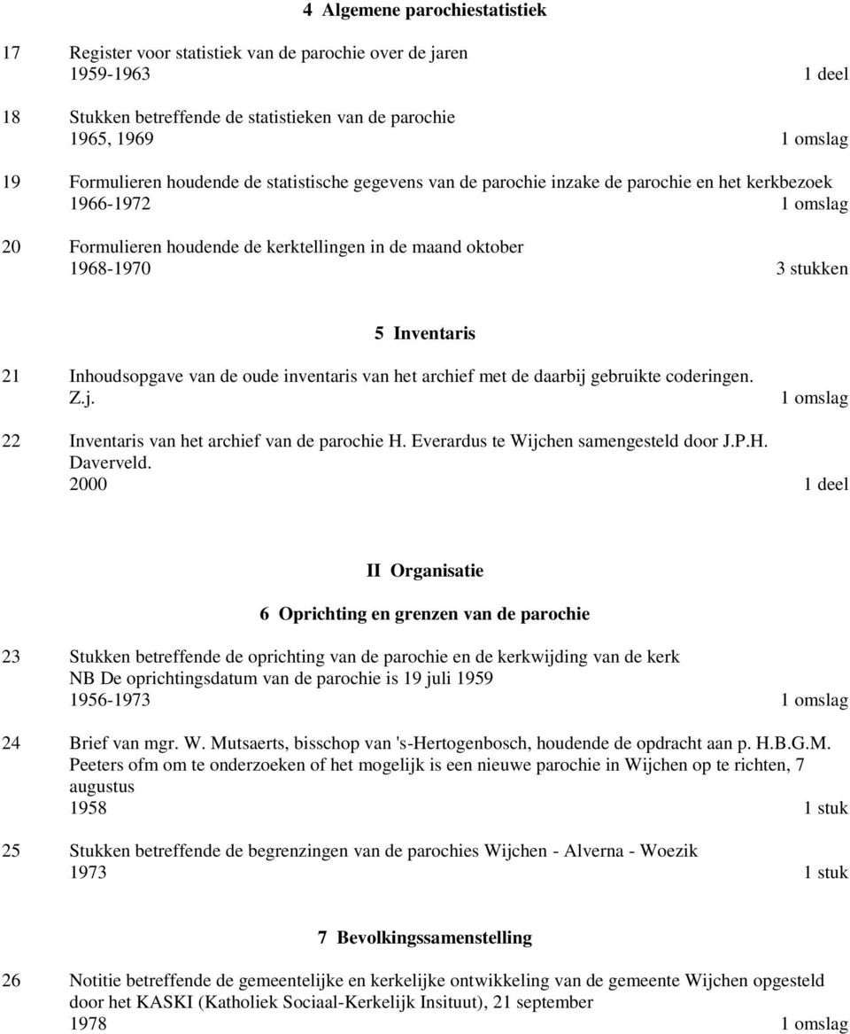 21 Inhoudsopgave van de oude inventaris van het archief met de daarbij gebruikte coderingen. Z.j. 1 omslag 22 Inventaris van het archief van de parochie H. Everardus te Wijchen samengesteld door J.P.