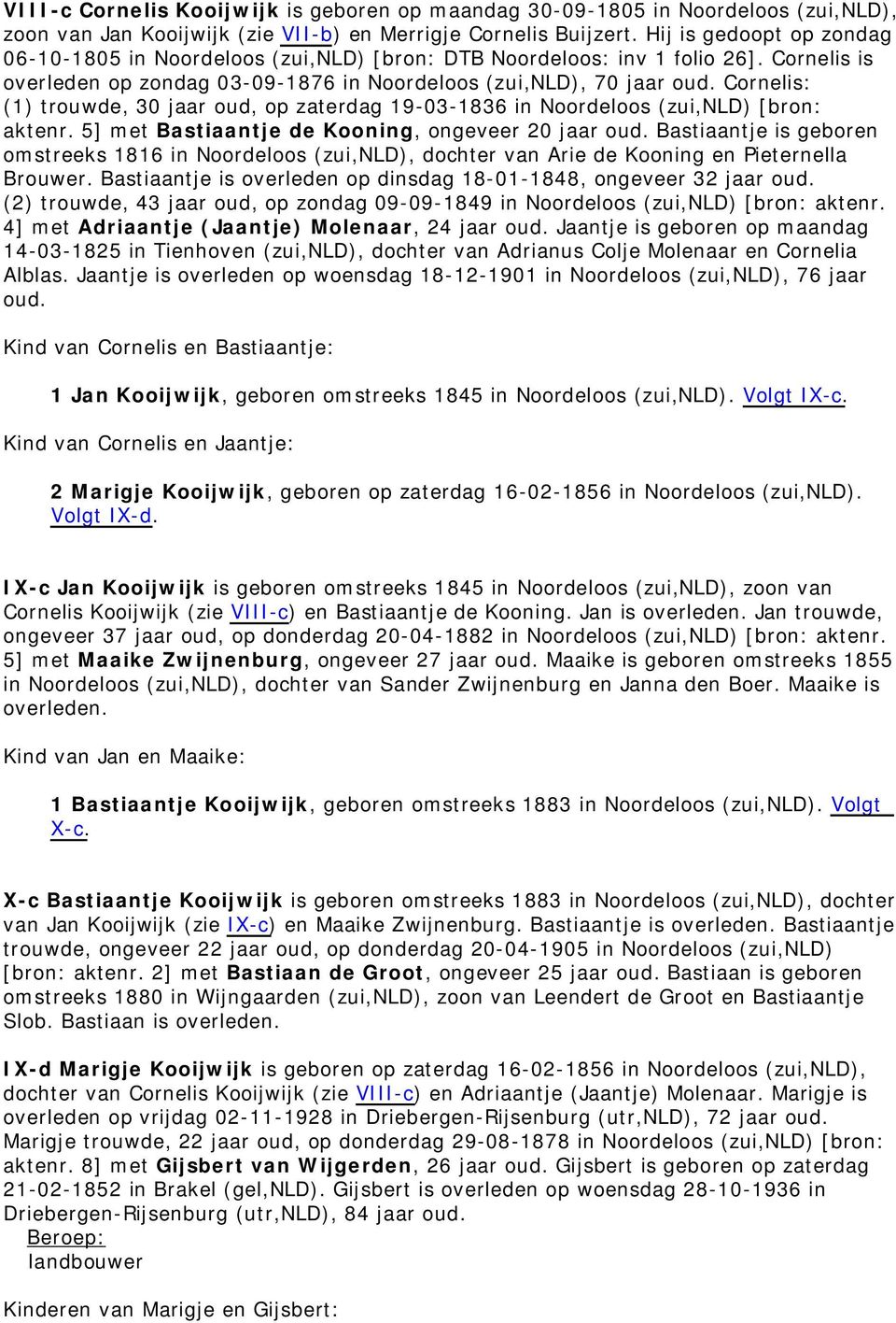 Cornelis: (1) trouwde, 30 jaar oud, op zaterdag 19-03-1836 in Noordeloos (zui,nld) [bron: aktenr. 5] met Bastiaantje de Kooning, ongeveer 20 jaar oud.