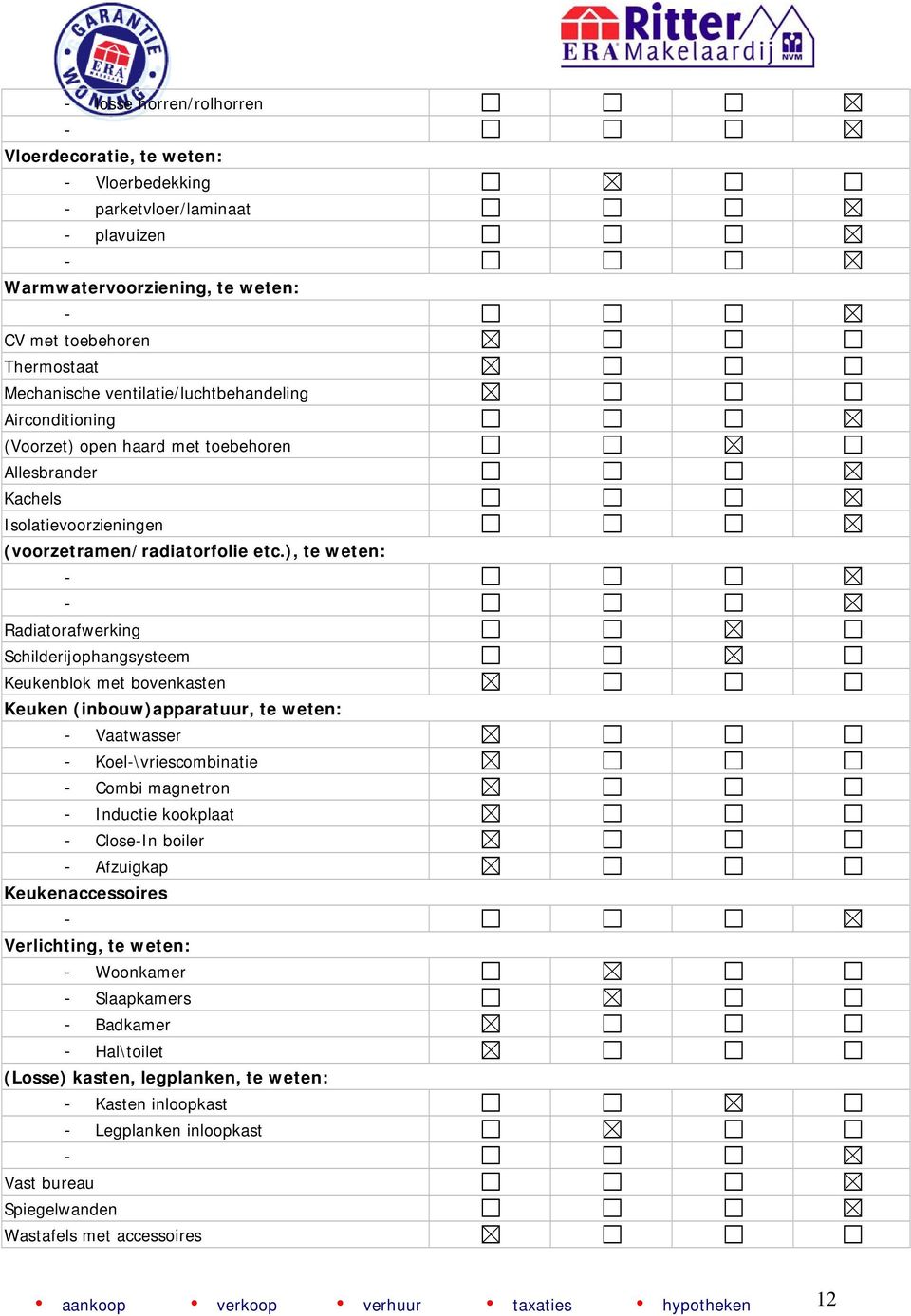 ), te weten: Radiatorafwerking Schilderijophangsysteem Keukenblok met bovenkasten Keuken (inbouw)apparatuur, te weten: Vaatwasser Koel\vriescombinatie Combi magnetron Inductie kookplaat CloseIn