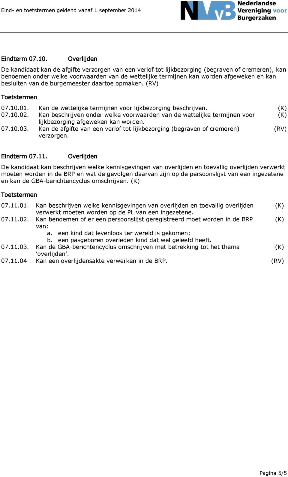 van de burgemeester daartoe 07.10.01. Kan de wettelijke termijnen voor lijkbezorging beschrijven. 07.10.02.