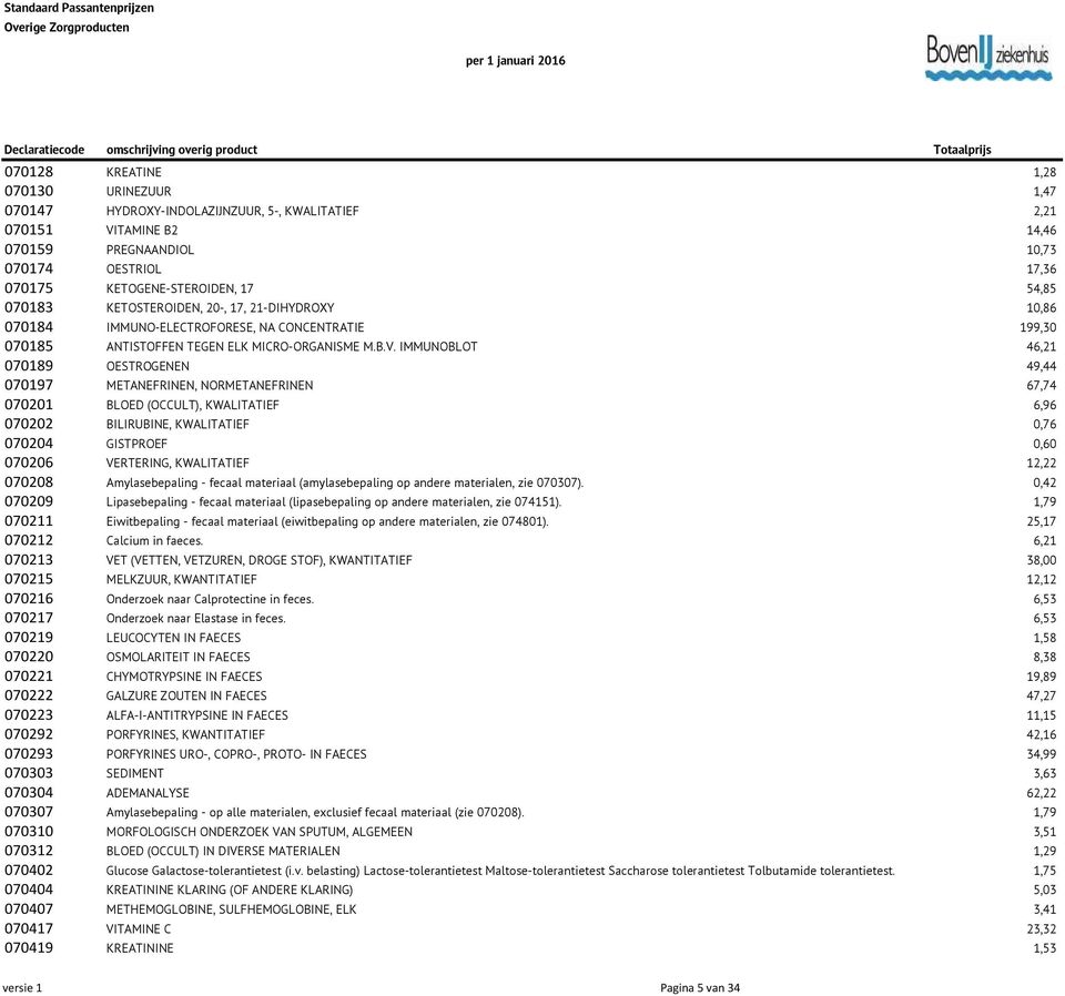 IMMUNOBLOT 46,21 070189 OESTROGENEN 49,44 070197 METANEFRINEN, NORMETANEFRINEN 67,74 070201 BLOED (OCCULT), KWALITATIEF 6,96 070202 BILIRUBINE, KWALITATIEF 0,76 070204 GISTPROEF 0,60 070206