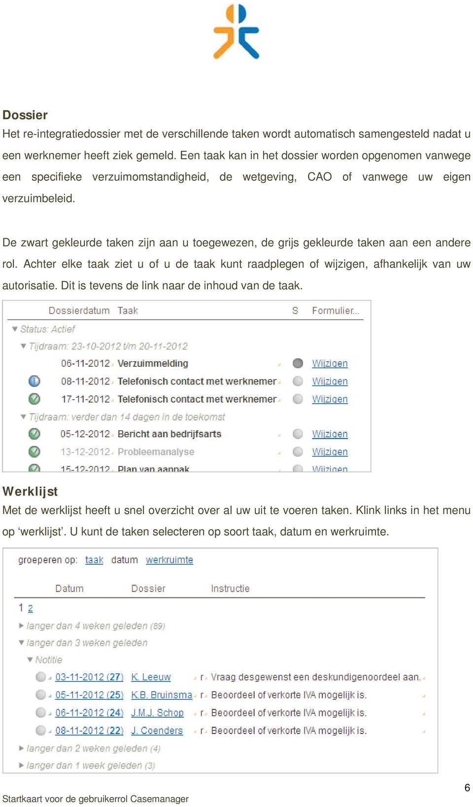 De zwart gekleurde taken zijn aan u toegewezen, de grijs gekleurde taken aan een andere rol.