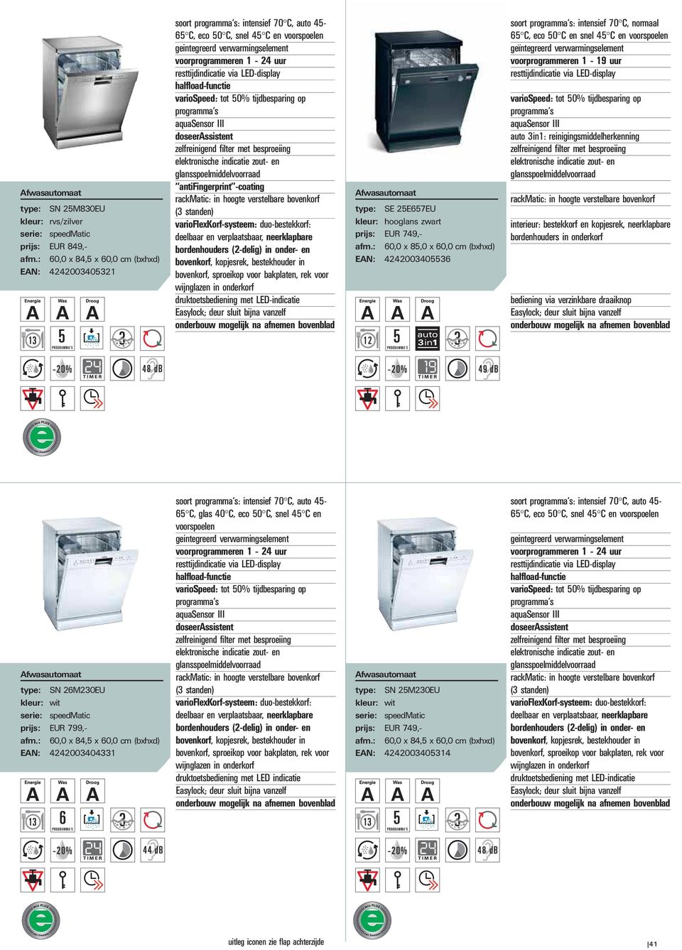 varioflexkorf-systeem: duo-bestekkorf: deelbaar en verplaatsbaar, neerklapbare bordenhouders (2-delig) in onder- en bovenkorf, kopjesrek, bestekhouder in bovenkorf, sproeikop voor bakplaten, rek voor