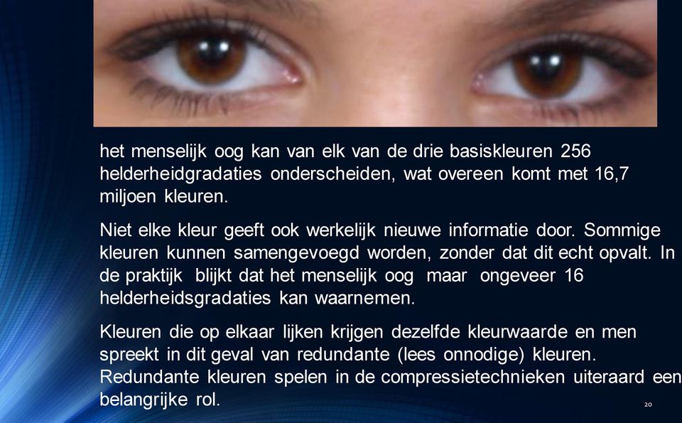 In de praktijk blijkt dat het menselijk oog maar ongeveer 16 helderheidsgradaties kan waarnemen.