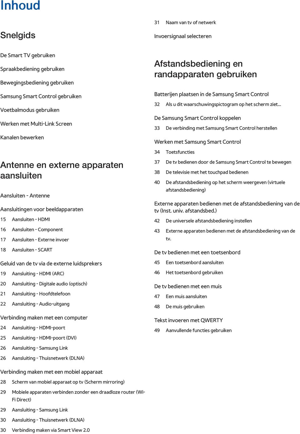 .. De Samsung Smart Control koppelen 33 De verbinding met Samsung Smart Control herstellen Werken met Samsung Smart Control 34 Toetsfuncties Antenne en externe apparaten aansluiten Aansluiten -
