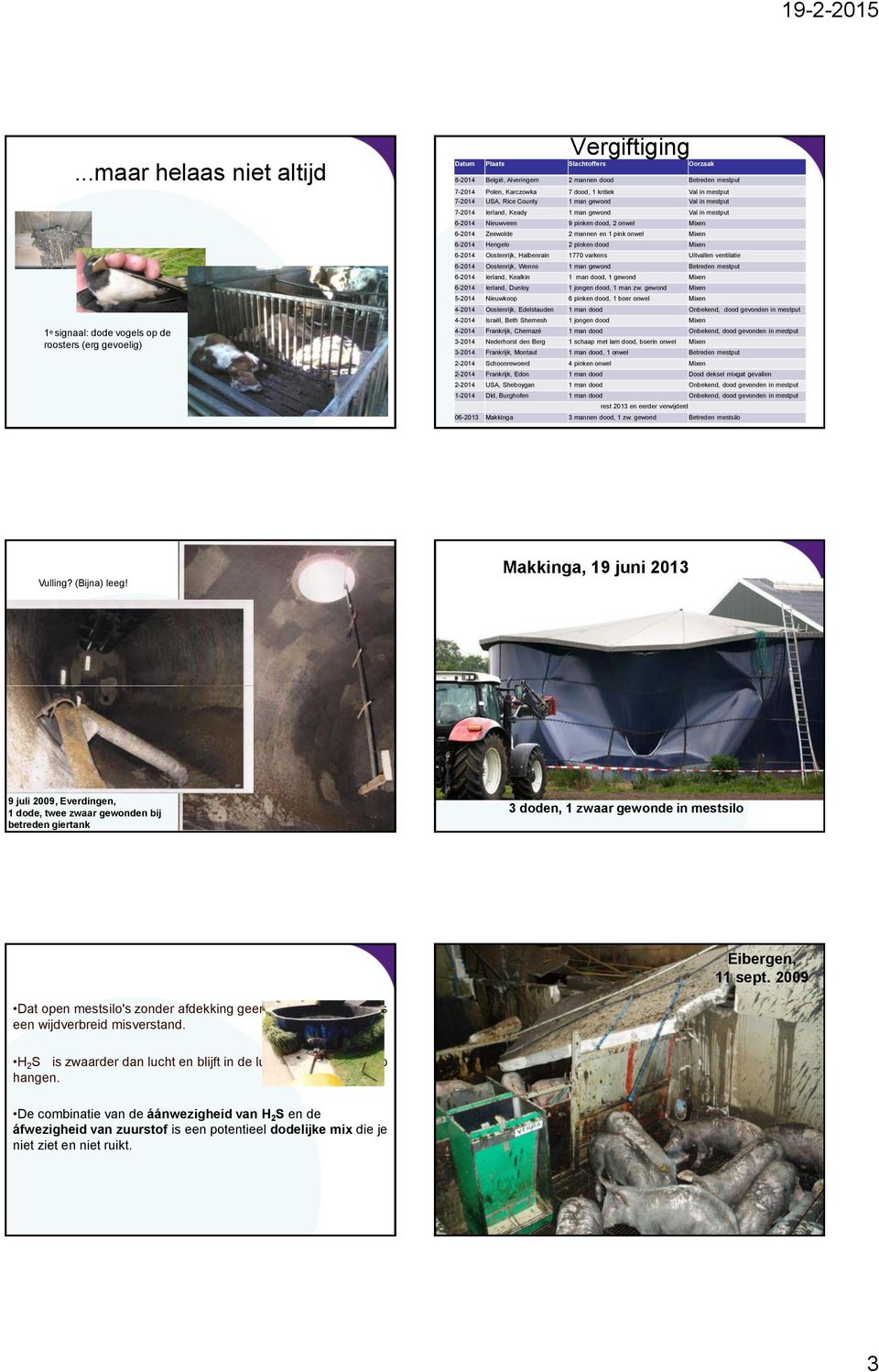 Zeewolde 2 mannen en 1 pink onwel Mixen 6-2014 Hengelo 2 pinken dood Mixen 6-2014 Oostenrijk, Halbenrain 1770 varkens Uitvallen ventilatie 6-2014 Oostenrijk, Wenns 1 man gewond Betreden mestput