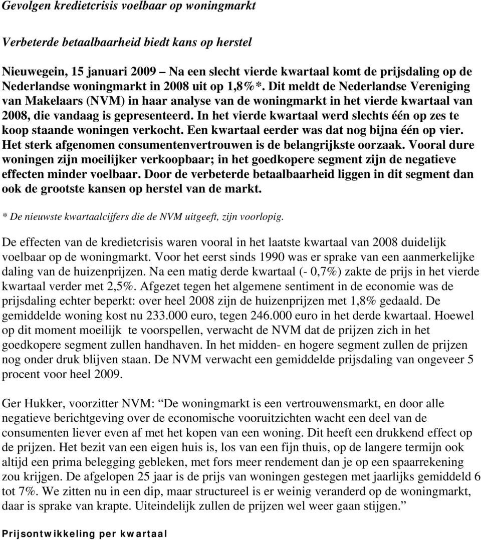 In het vierde kwartaal werd slechts één op zes te koop staande woningen verkocht. Een kwartaal eerder was dat nog bijna één op vier.