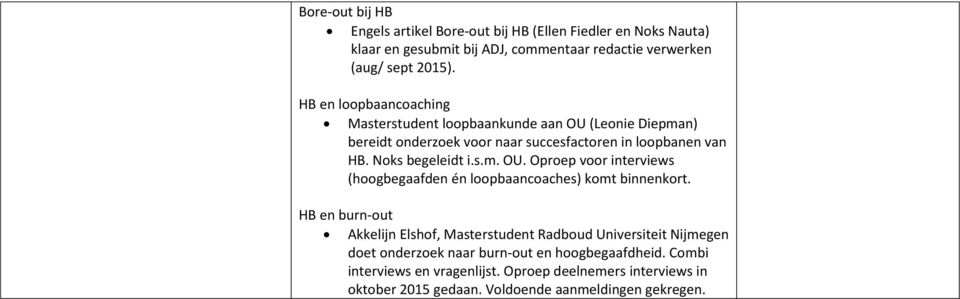 HB en burn-out Akkelijn Elshof, Masterstudent Radboud Universiteit Nijmegen doet onderzoek naar burn-out en hoogbegaafdheid. Combi interviews en vragenlijst.