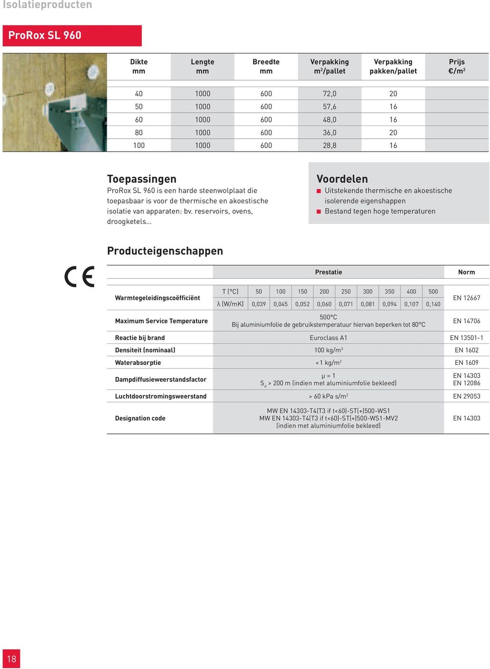 reservoirs, ovens, droogketels Uitstekende thermische en akoestische isolerende eigenshappen Bestand tegen hoge temperaturen Warmtegeleidingscoëfficiënt Maximum Service Temperature T ( C) 50 100 150