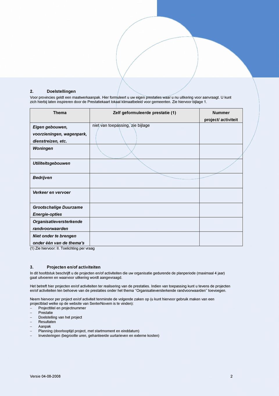 Thema Zelf gefrmuleerde prestatie (1) Nummer prject/ activiteit Eigen gebuwen, vrzieningen, wagenpark, dienstreizen, etc.