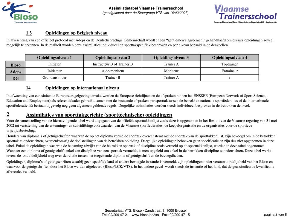 Bloso Adeps DG Opleidingsniveau 1 Opleidingsniveau 2 Opleidingsniveau 3 Opleidingsniveau 4 Initiator Instructeur B of Trainer B Trainer A Toptrainer Initiateur Aide-moniteur Moniteur Entraîneur